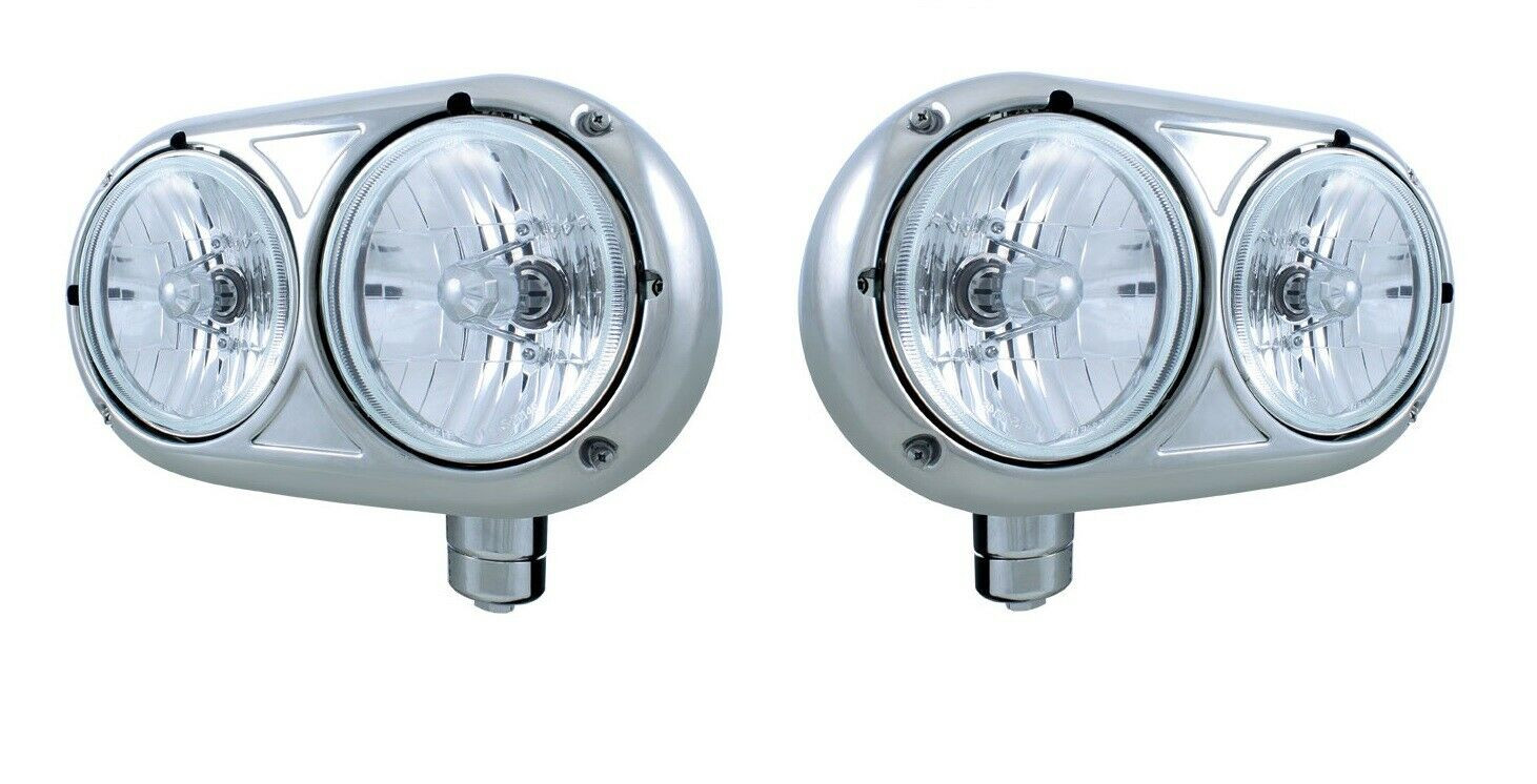 Pair (Left & Right) Dual Headlights Stainless Steel - Peterbilt 359 Style Set
