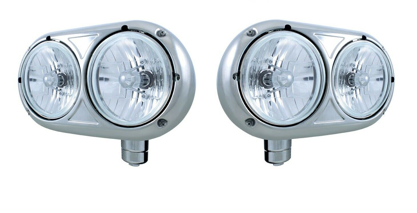 Pair (Left & Right) Dual Headlights Stainless Steel - Peterbilt 359 Style Set