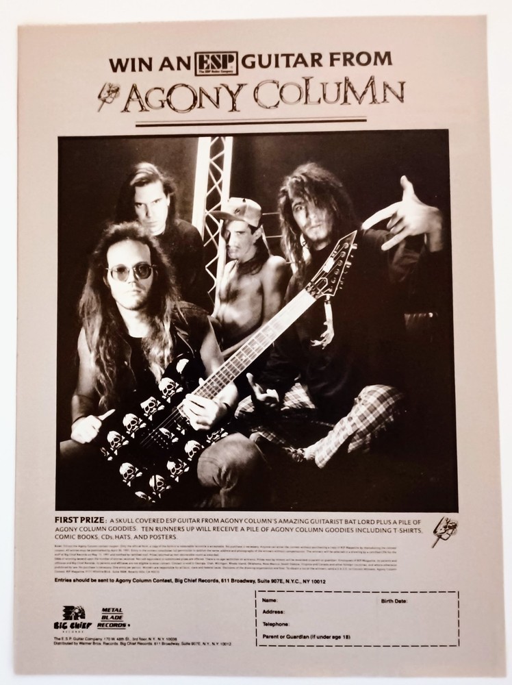 AGONY COLUMN- ESP GUITAR CONTEST-1991 PROMO 8X11 MAGAZINE PRINT AD ADVERT POSTER