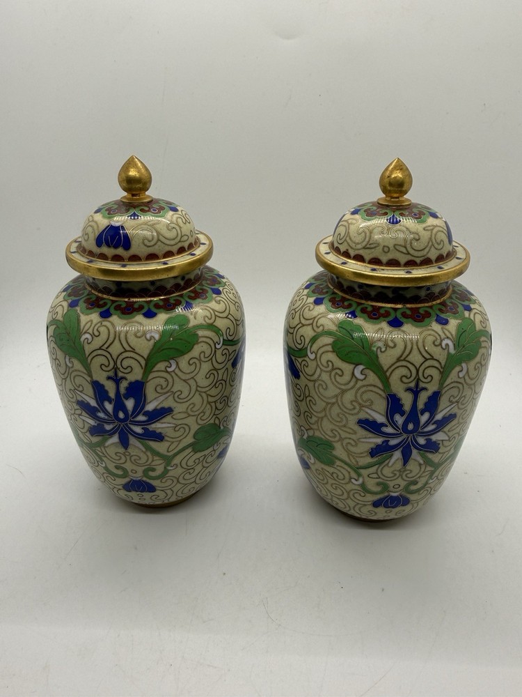 x2 Chinese Cloisonne Style Lidded Decorative Jars 6.25”