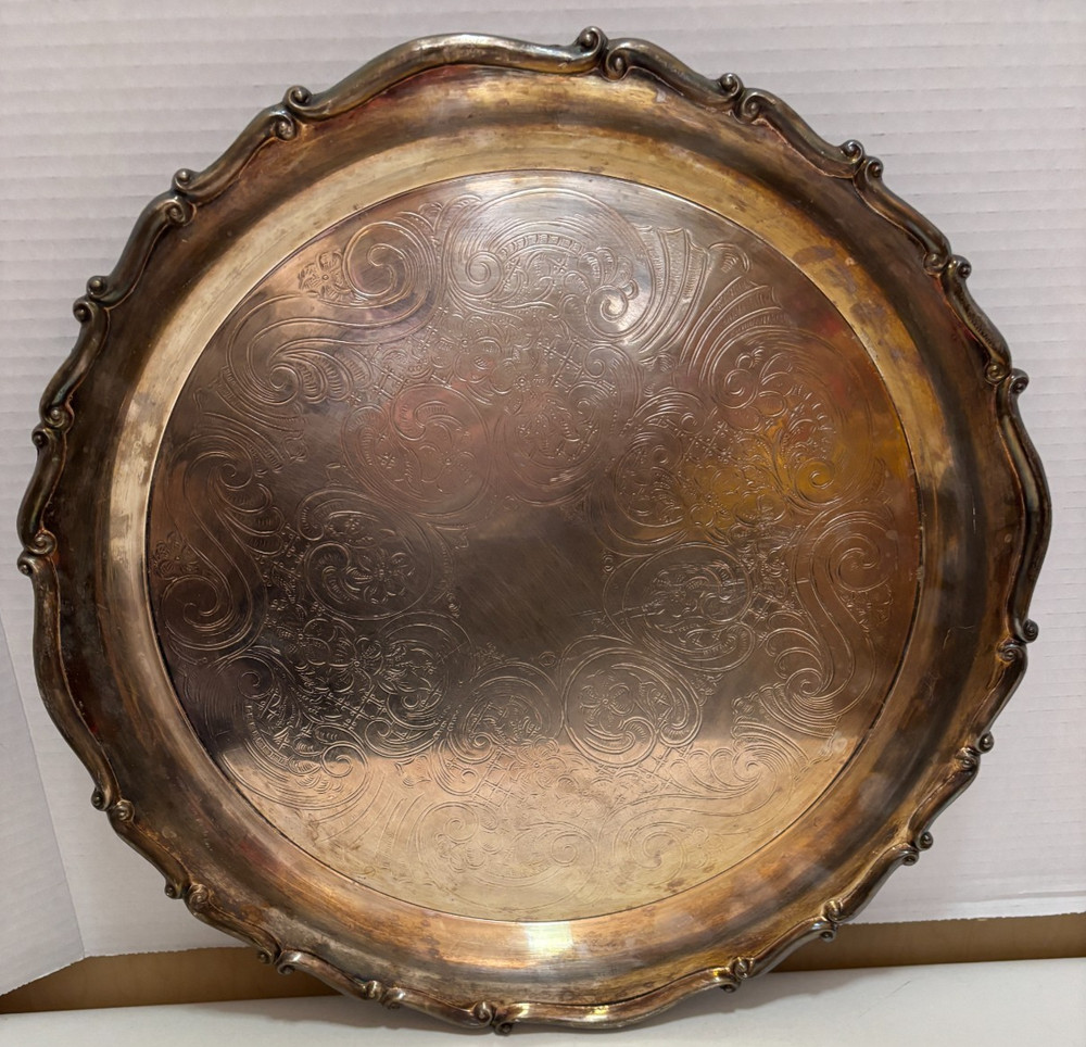 Vtg F.B Rogers Silver Co 1883 Silver Plate Round Serving Tray 15” Scroll Rim