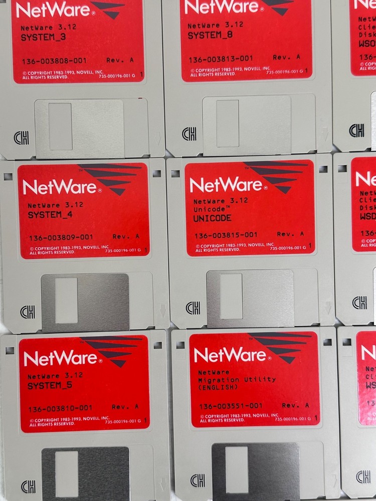 Novell NetWare 3.12 Complete 21 Floppy Disk Set System Client DOS Windows OS2 Ne