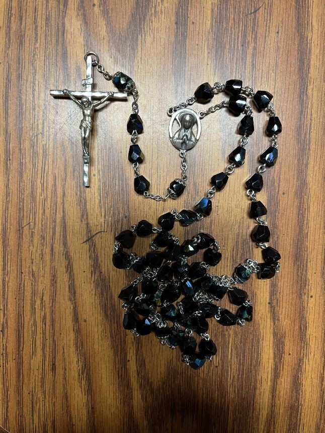 Catholic Rosary Black Glass Bead Rosary Silver Tone Crucifix With Pouch