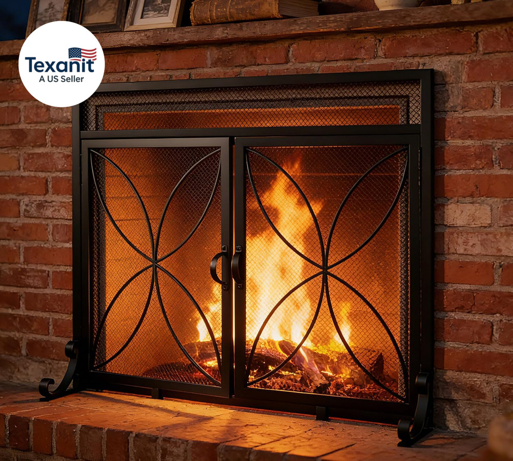 Fireplace Screen with Magnetic Doors,Handcrafted Wrought Iron Classical Scroll D