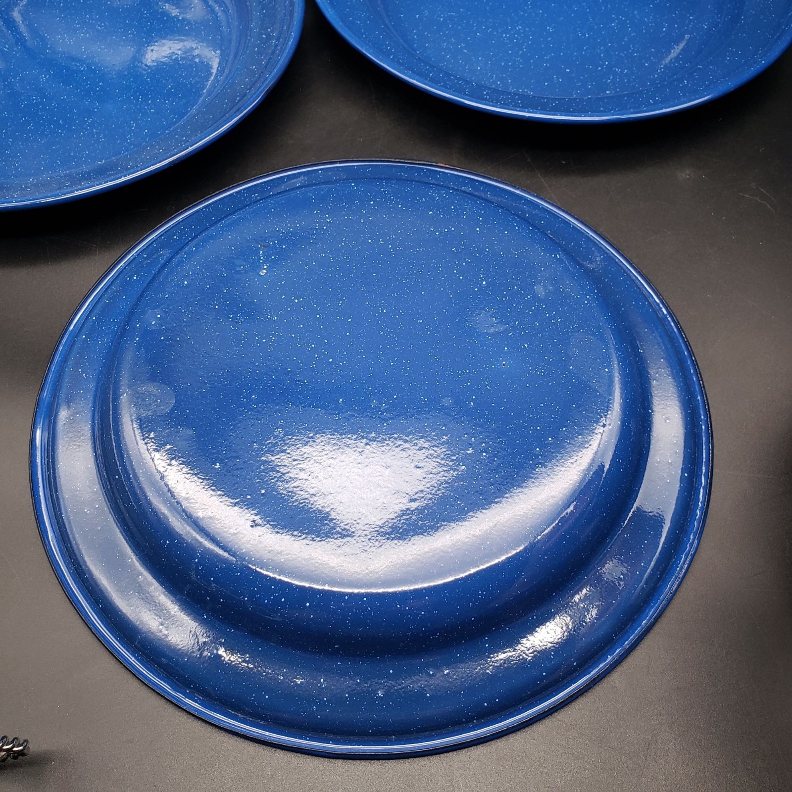 VTG Blue Speckled Enamelware Camp Mug Plate & Bowl Set 12pc Camping Graniteware