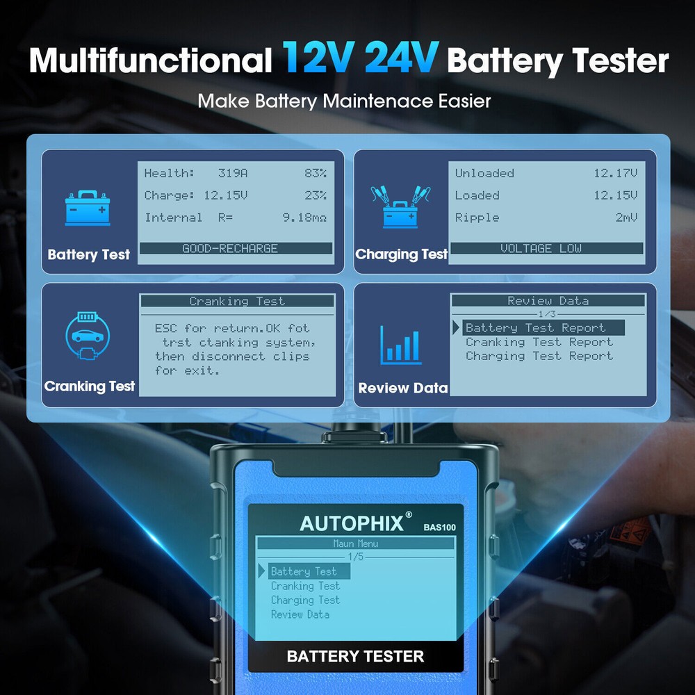 AUTOPHIX BAS100 12V 100-2000 CCA Car Battery Load Tester Tool Digital Analyzer