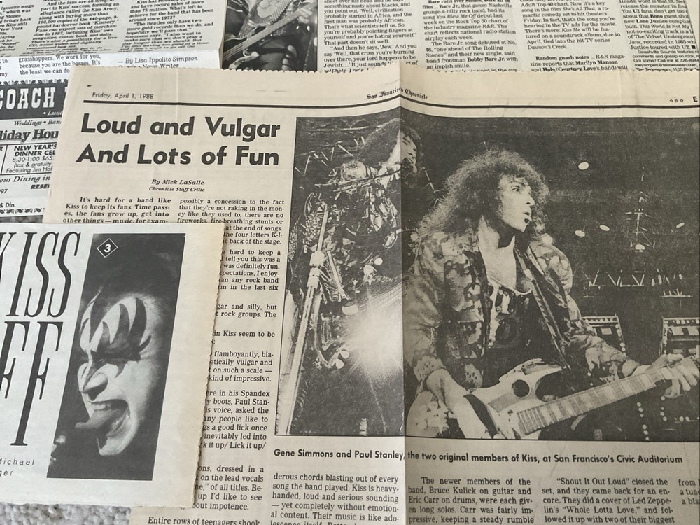 KISS VINTAGE 1987 - 2010 NEWSPAPER CLIPPINGS LOT GENE SIMMONS PAUL STANLEY ACE