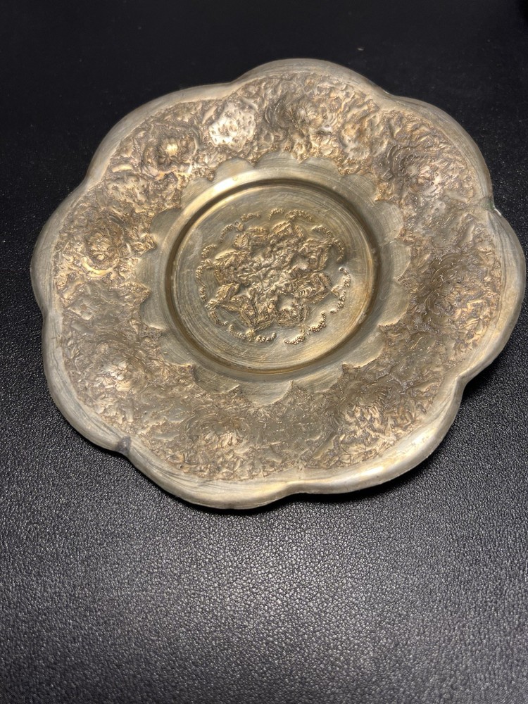 Middle Eastern Vintage 1940s Silverplated Footed Repousse Plate/Dish 6.5” DAMAGE
