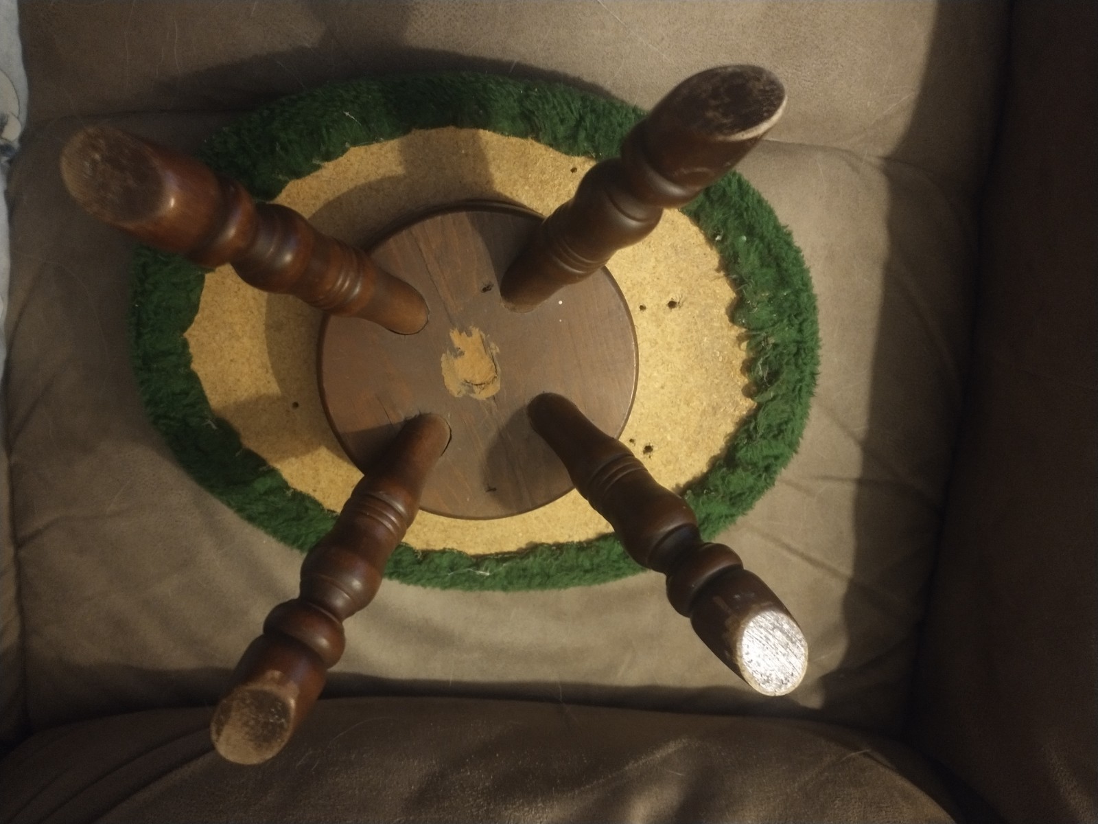 Vintage Oval Footstool w/ Green Rug Top & Angled Wooden Legs