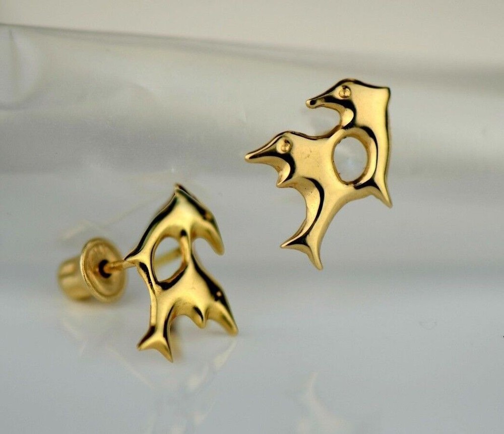 14k Yellow Gold Double Dolphin Stud Earrings