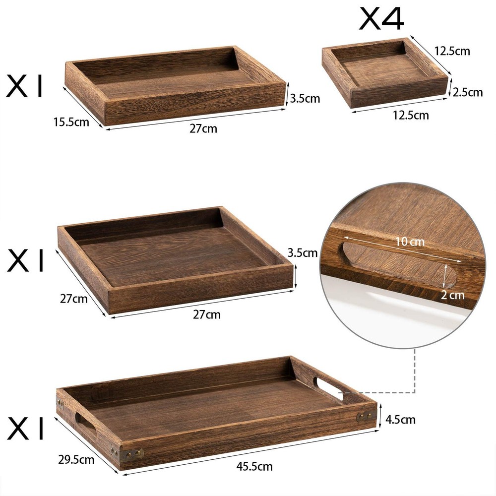 Rustic Wooden Serving Trays with Handle - Set of 7 Rectangular Platters for E...