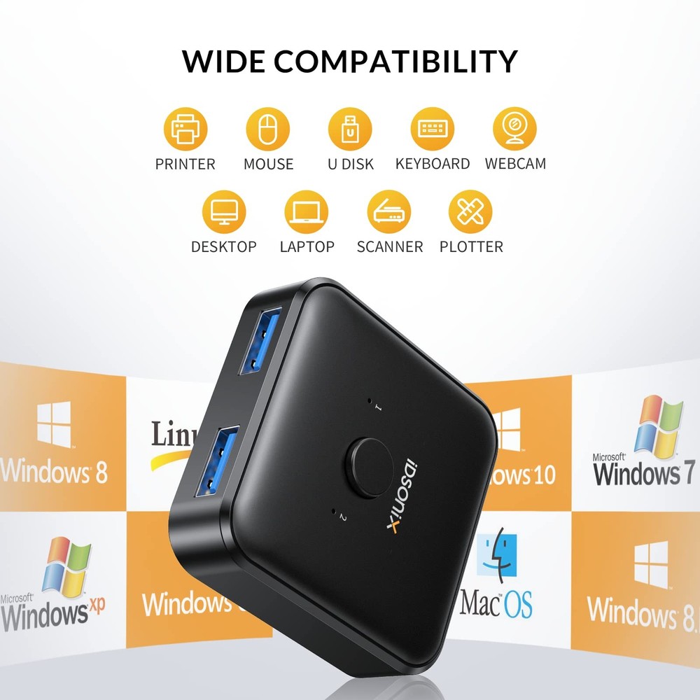 USB 3.0 Switch: 2 PCs Share 1 Device, Printer/Scanner/Keyboard, 2 A to A Cables