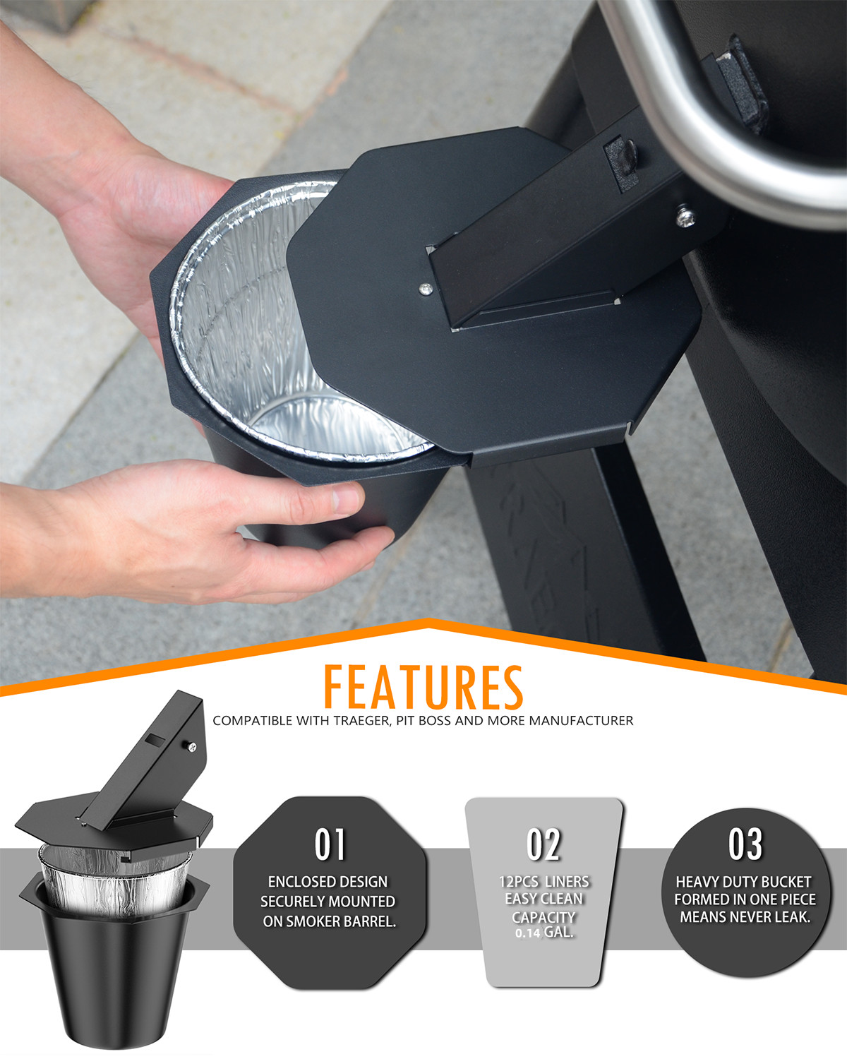 Upgraded Grease Bucket with Lid, Drip Bucket for Traeger, Pit Boss, Z Grills