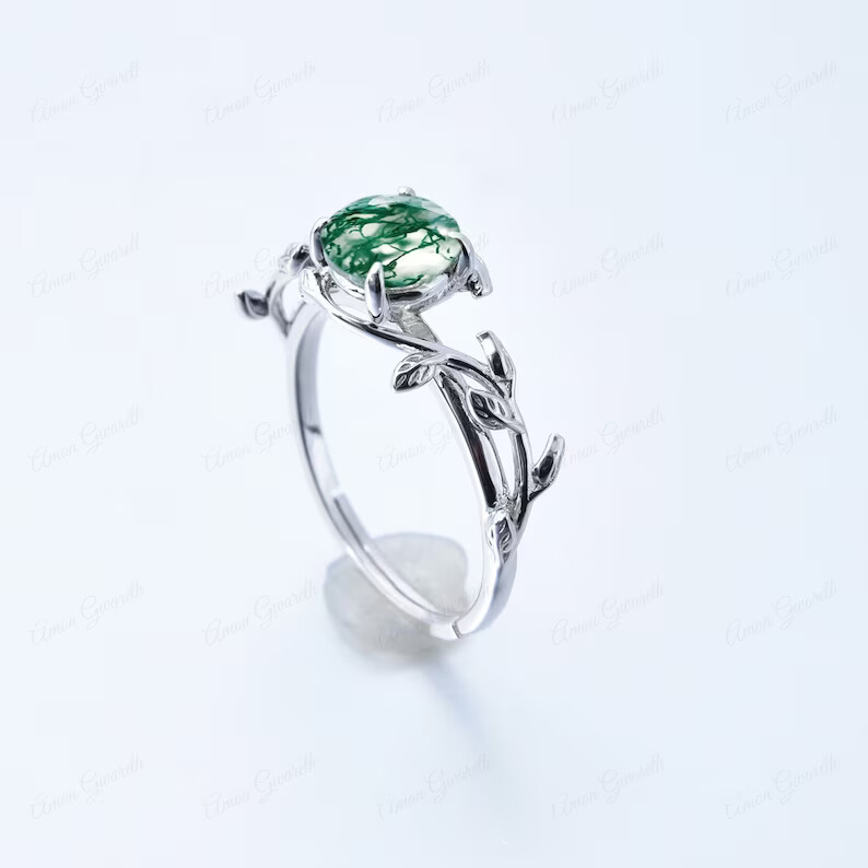 Natural Moss Agate Leaf Ring Sterling Silver Ring Engagement Ring Nature Ring
