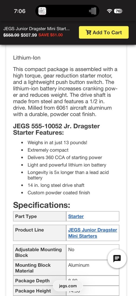 JEGS 10052 Junior Dragster Mini Starter 13 lbs.