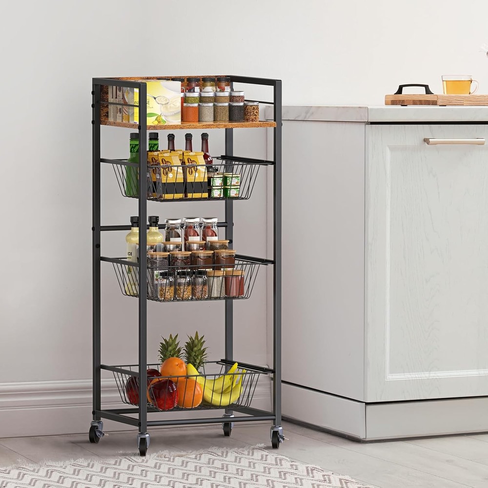 4-Tier Kitchen Rolling Storage Cart w/Pull-Out Baskets Microwave Table Stand