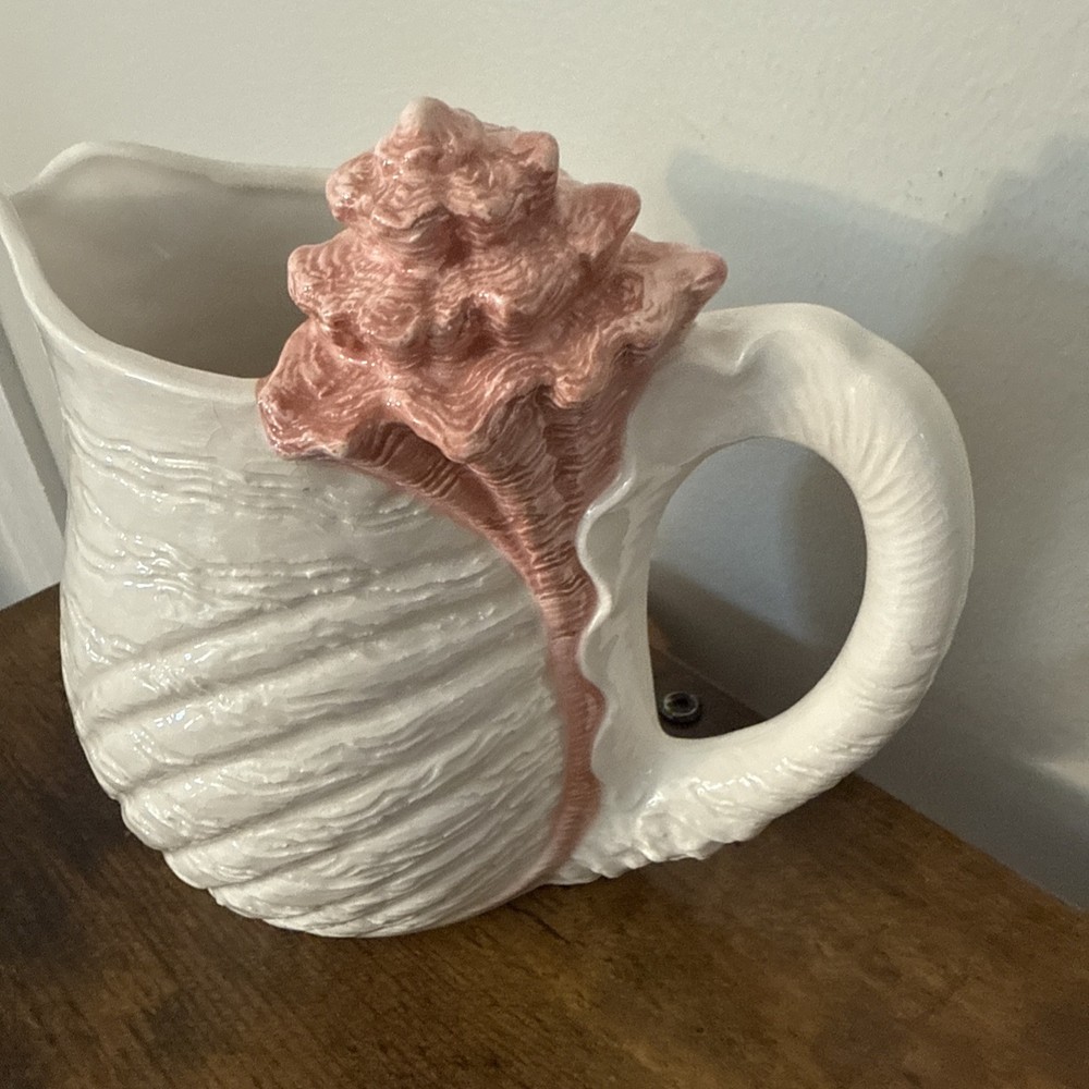 Vintage Shell Pitcher 1994 Hand painted White W/Pink Shell On Handle Approx 7”