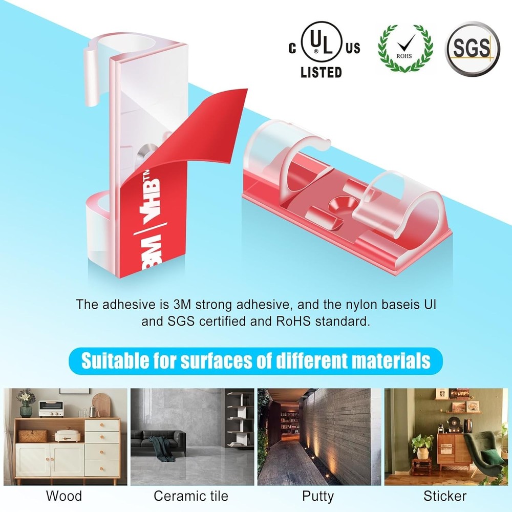 50 Medium Clear Cable Clips - Durable Self-Adhesive Wire Holders for Any Surface