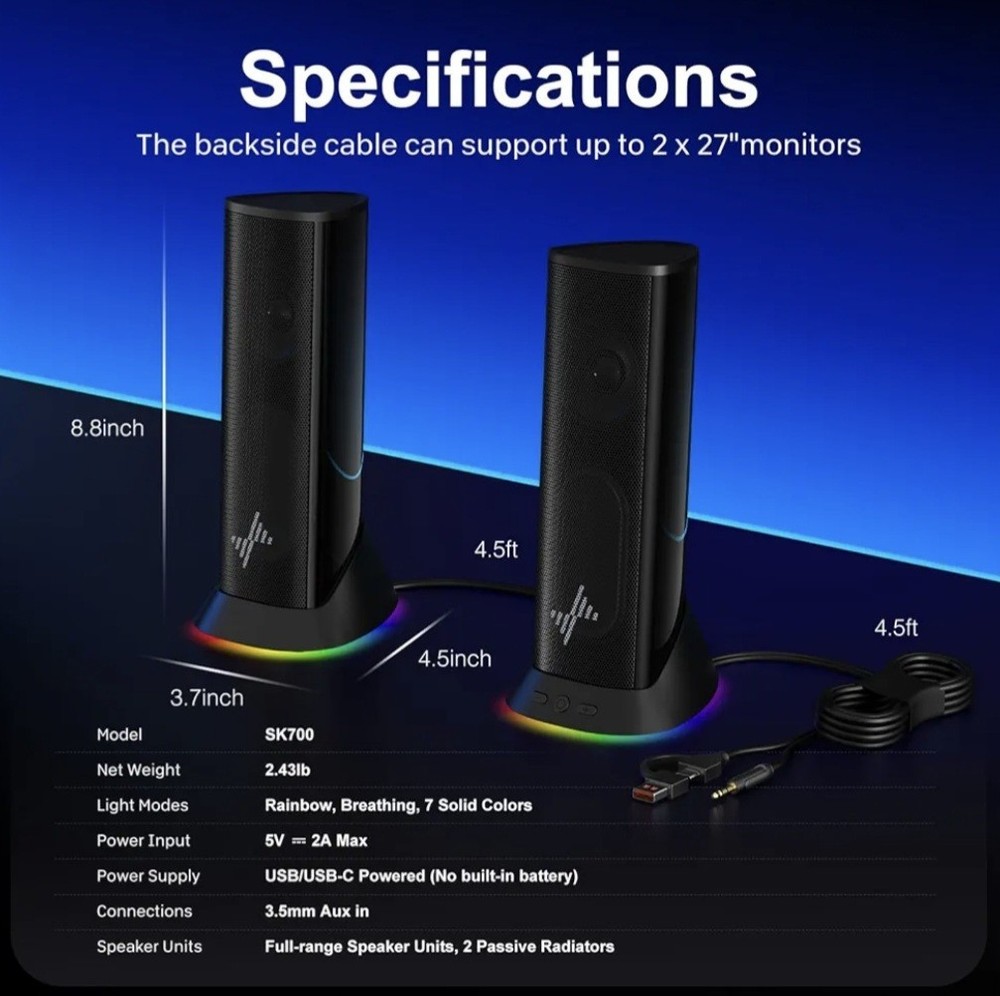 Nylavee Desktop PC Computer Speakers, Immersive Sound with RGB Lights, USB/USB-C