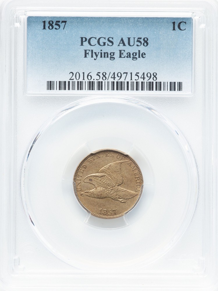 Flying Eagle Cent 1857 PCGS AU-58! Nice PQ (Premium Quality) Coin! Virtually Unc