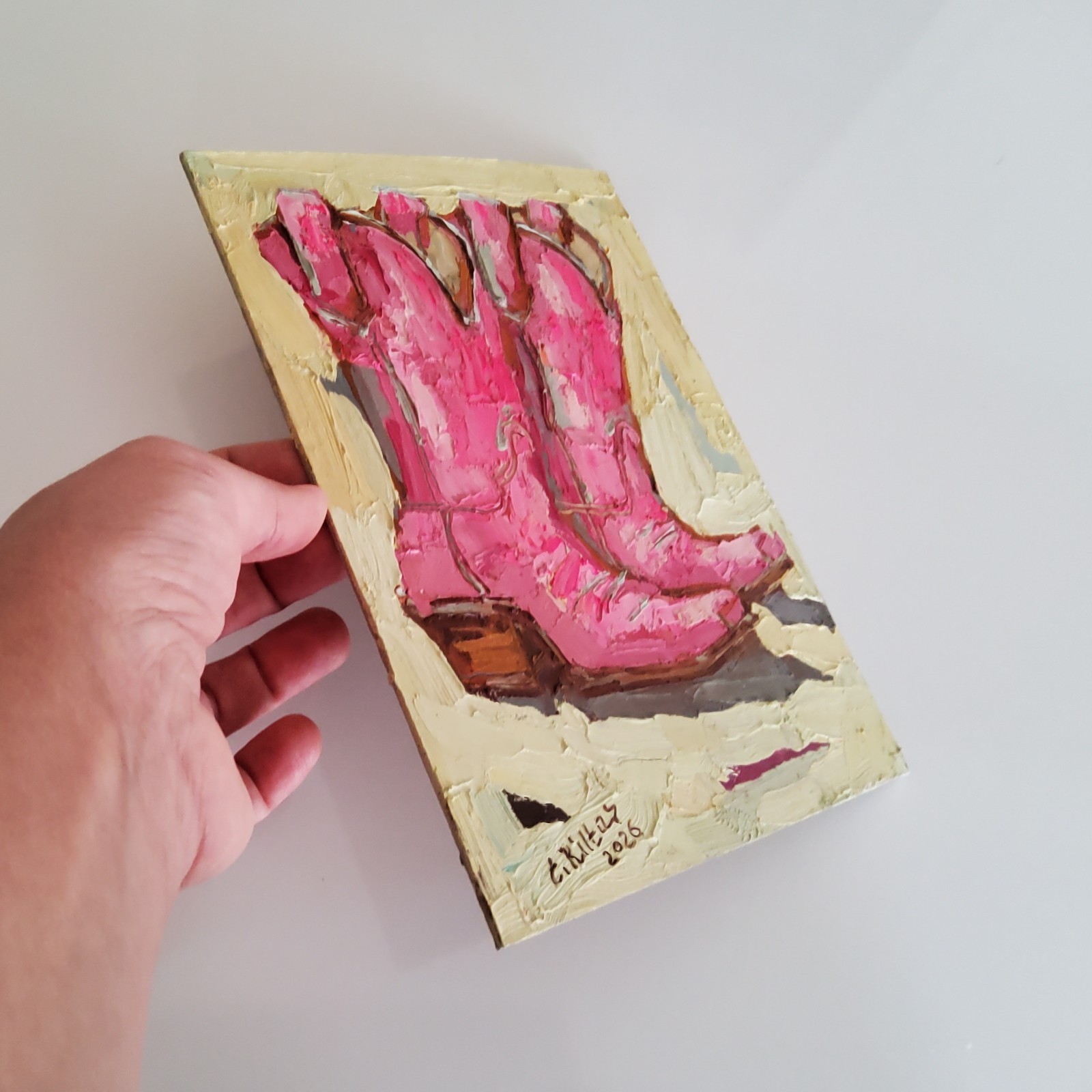 Pink Cowgirl Boots Cowboy Painting Original Oil Art Abstract Modern Wall Artwork