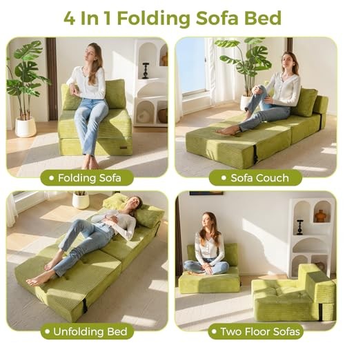 Folding Sofa Bed, Convertible Sofa Bed with High-Density Support Large Green