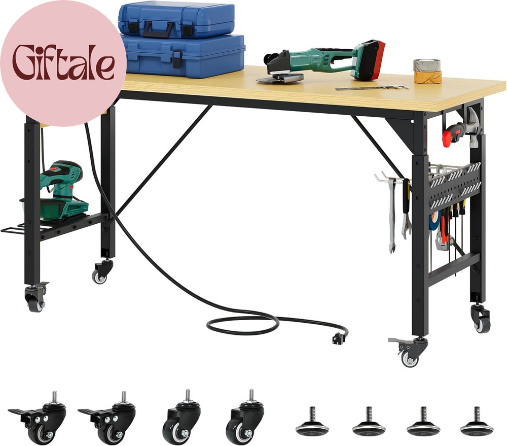 60" Adjustable Workbench on Wheels, Garage Tool Work Bench with Outlets & Wheels