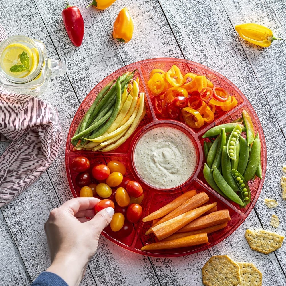 Round Plastic Serving Tray 6 Sections Reusable Durable Elegant Red 12 Inches