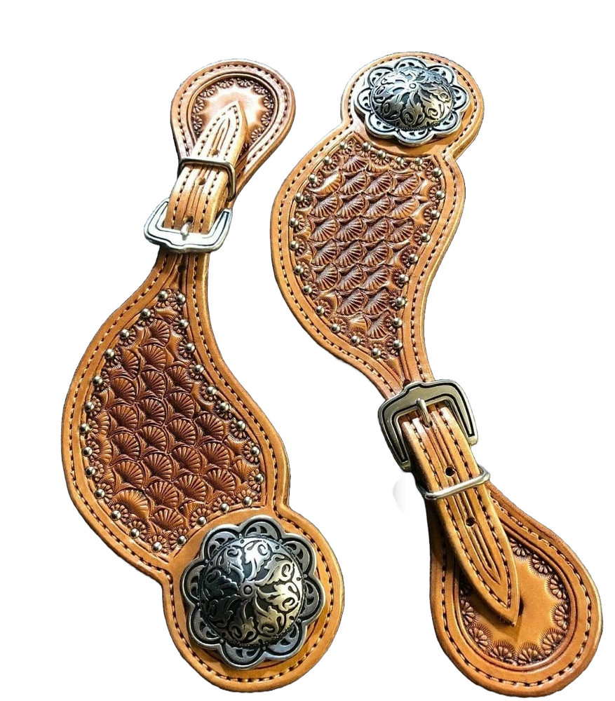 WESTERN LEATHER HORSE SADDLE BOOT SPUR STRAPS HAND TOOLED.