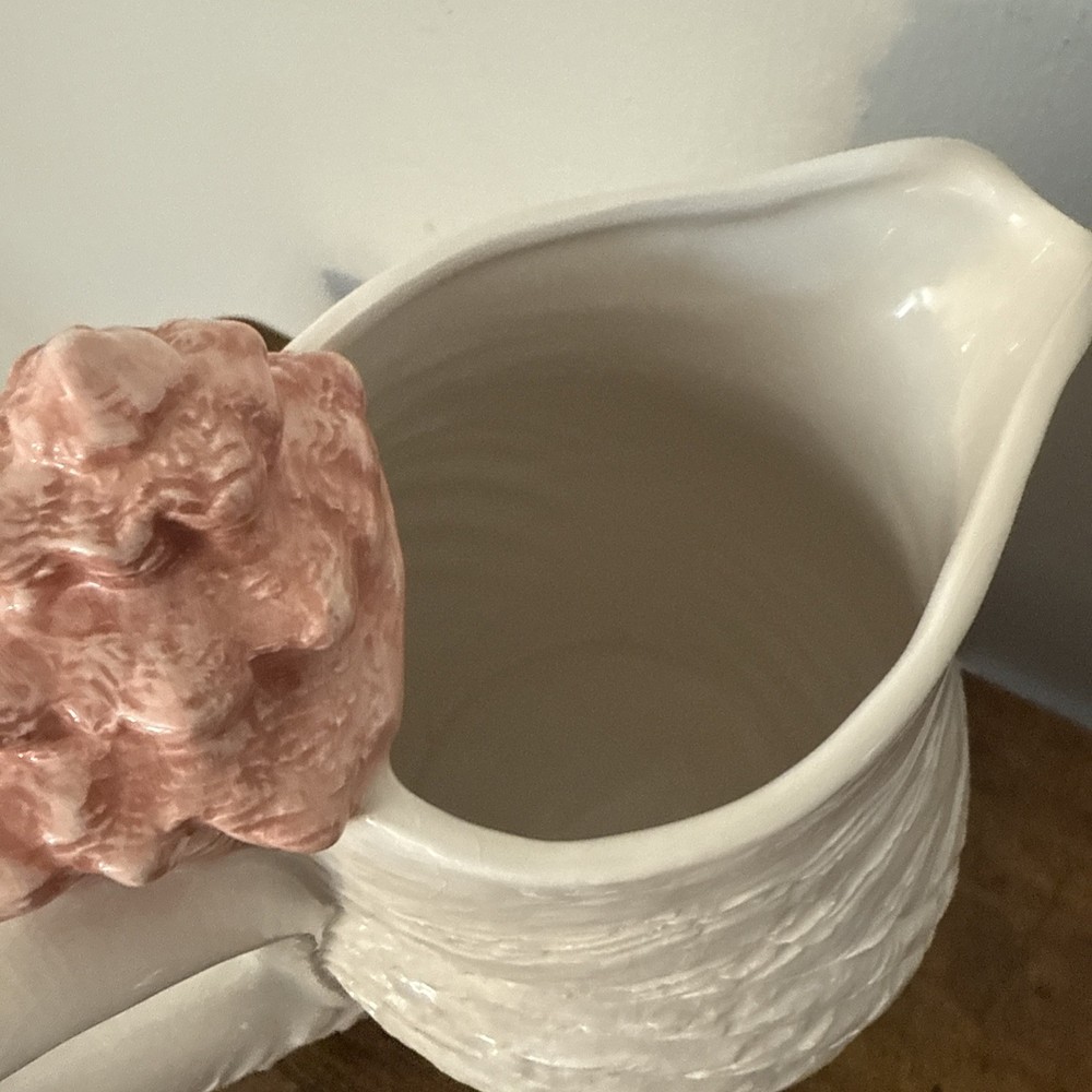 Vintage Shell Pitcher 1994 Hand painted White W/Pink Shell On Handle Approx 7”