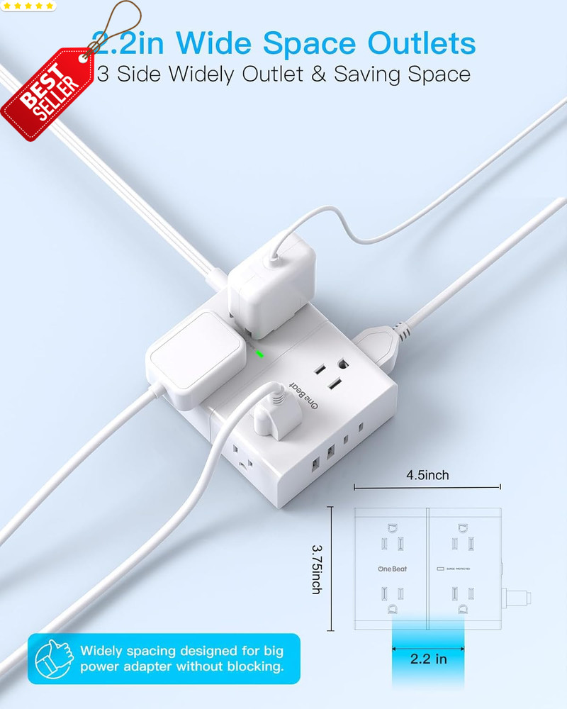 10FT Surge Protector Power Strip 8 Outlets 4 USB (2 C) Flat Plug 900J - US