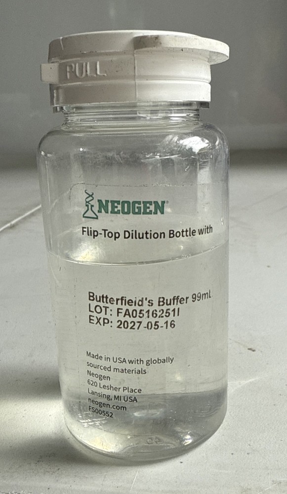 Neogen Flip Top Dilution Bottle With Butterfields Buffer 99mL. Exp: 5/16/27