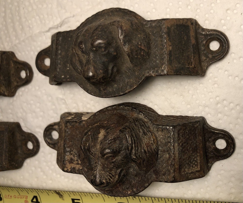 4 Antique Dog Head Drawer Pulls