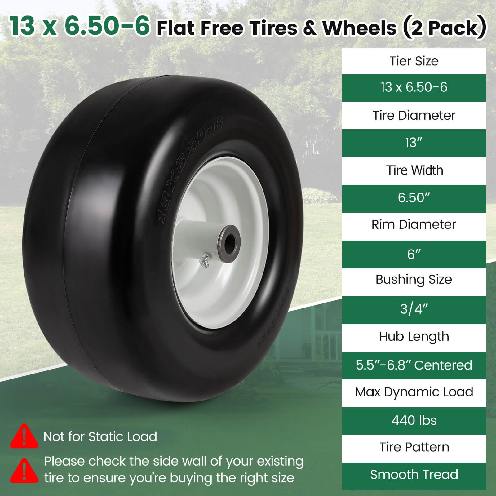 2 Pack 13 x 6.50-6 Flat Free Tires & Wheels w/5.5”-6.8”Centered Hub 3/4” Bushing