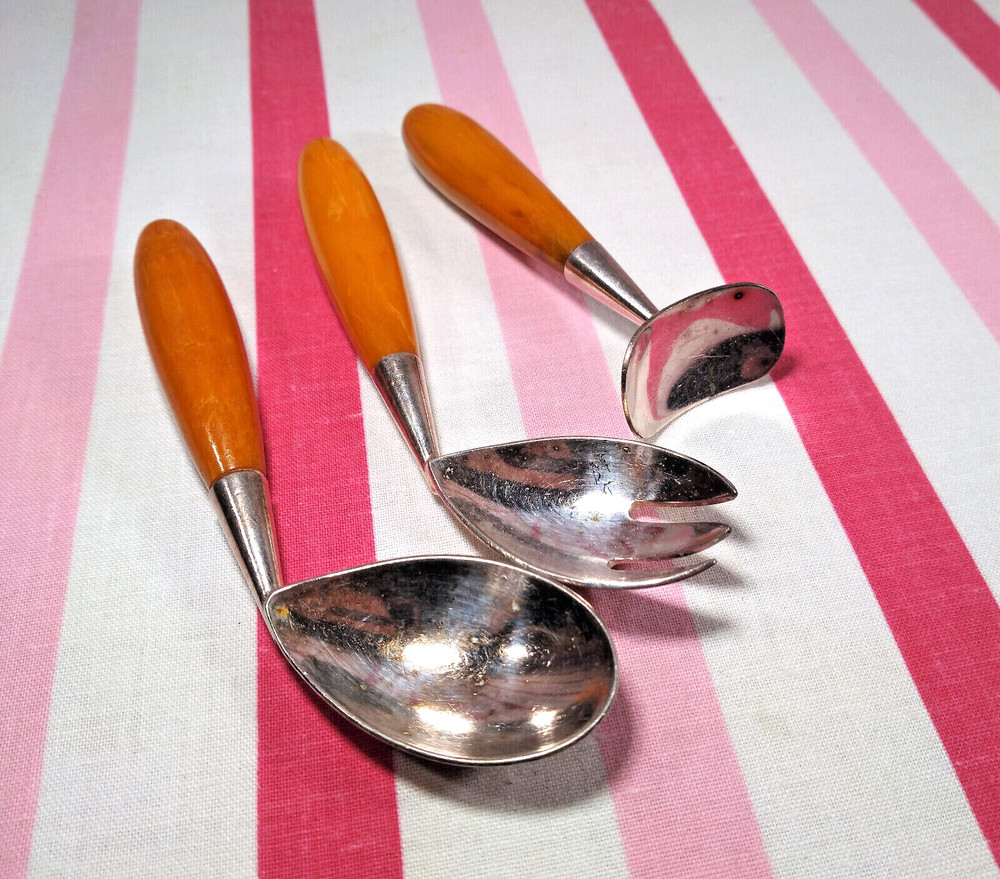 Gorgeous 1940s NAPIER Bakelite Child's Fork Spoon Pusher Set Training Silverware