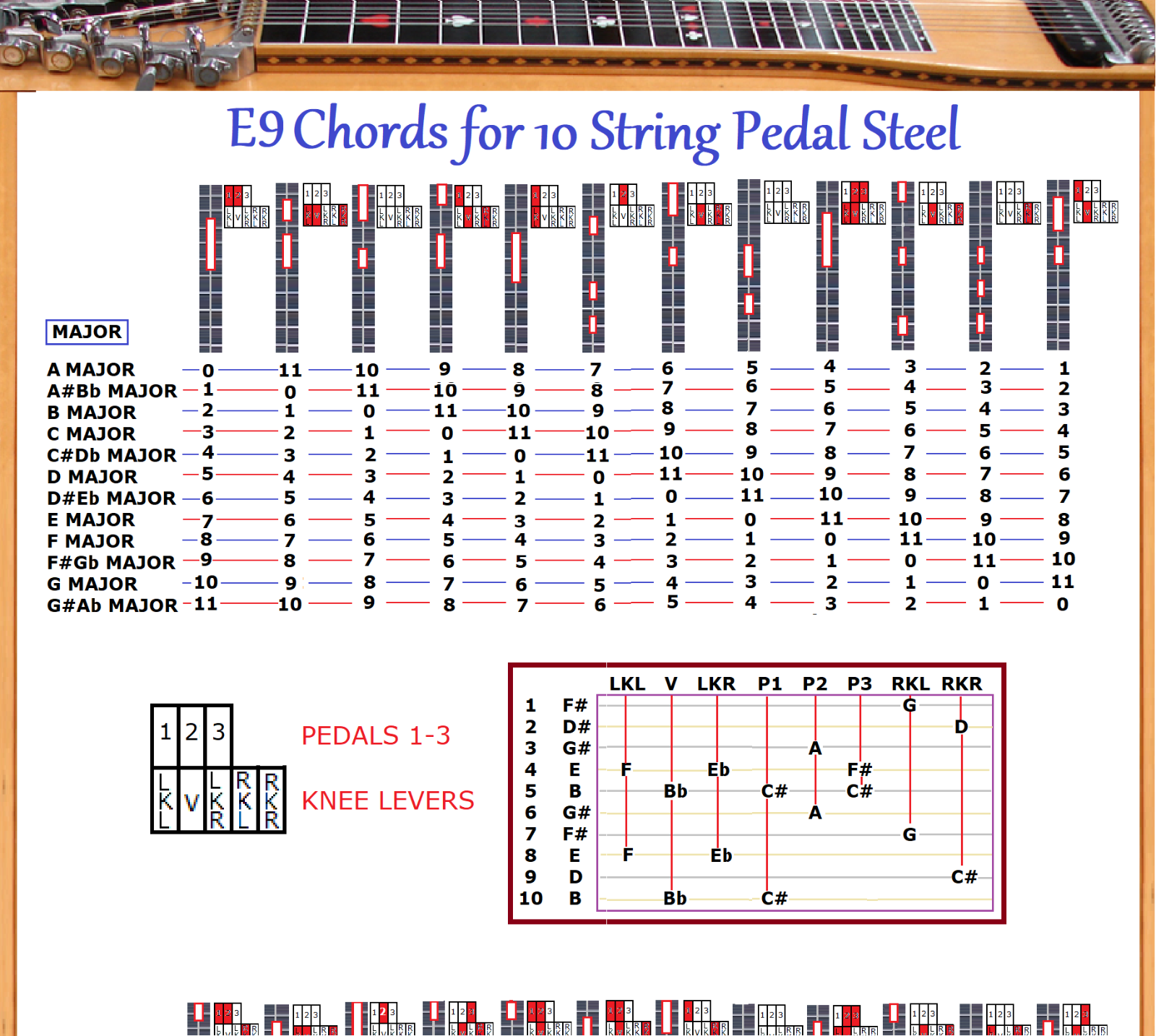 E9 & C6 CHORD CHARTS FOR DOUBLE 10 STRING PEDAL STEEL GUITAR - 2 LAMINATIONS