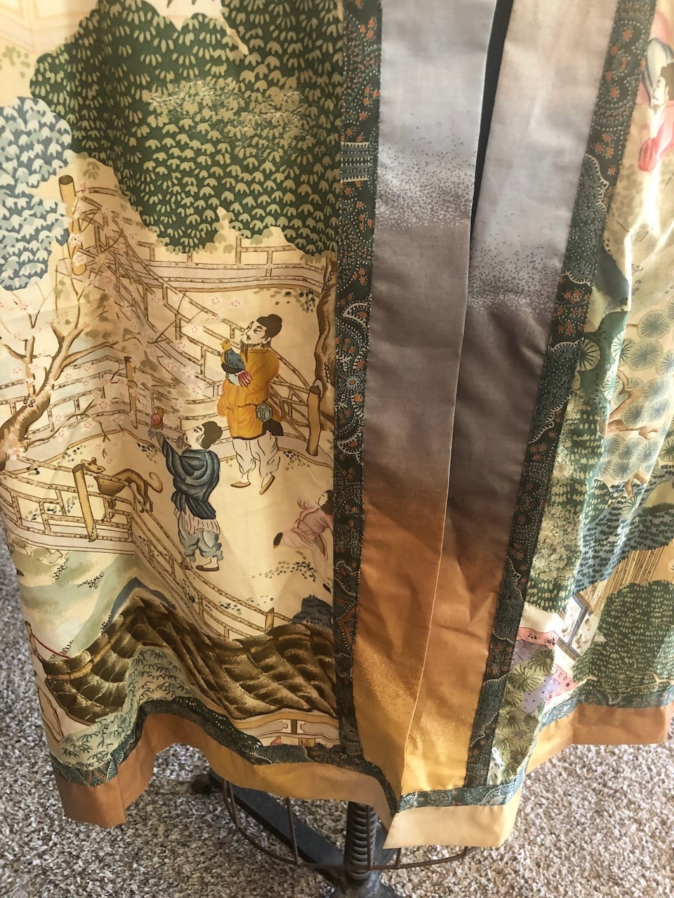 Handmade Cotton Kimono Robe with Obi Sash, Chinoiserie Print S