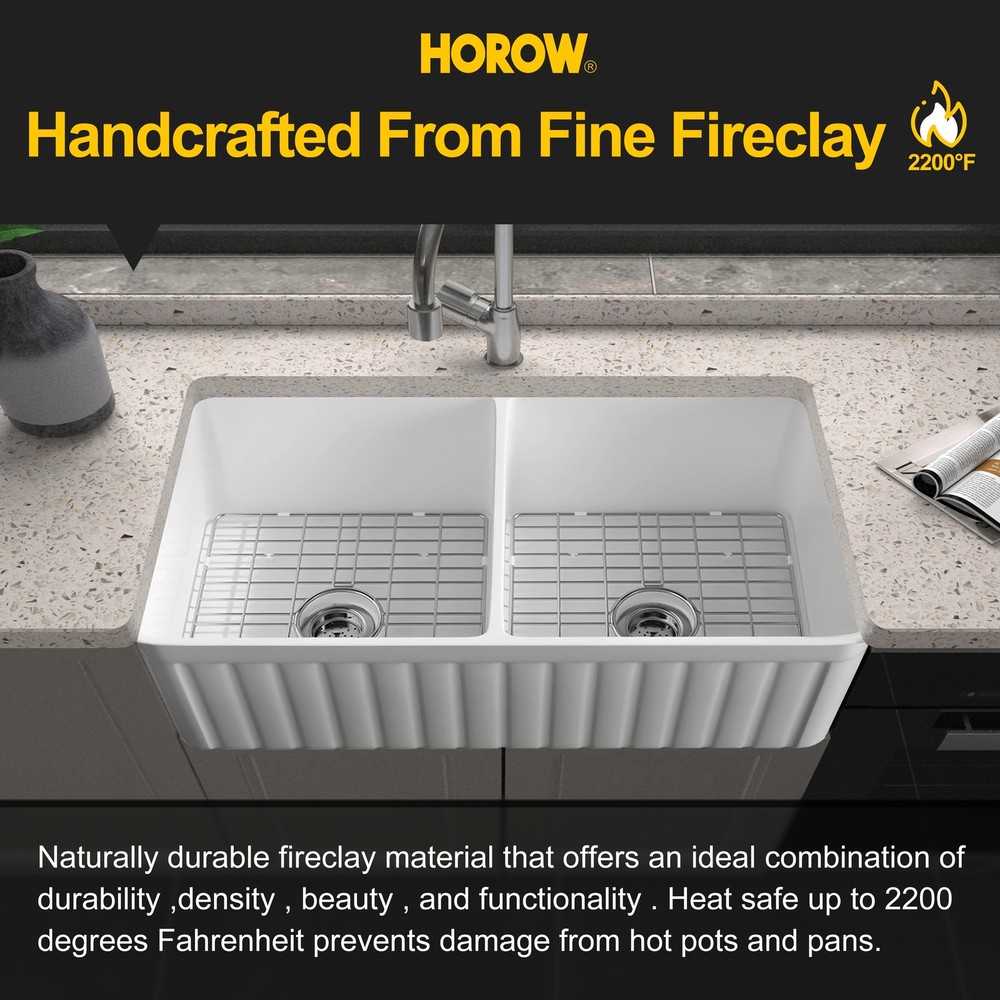 24''30" 33" Kitchen Sink Rectangular White Ceramic Apron Farmhouse Sinks W/ Grid