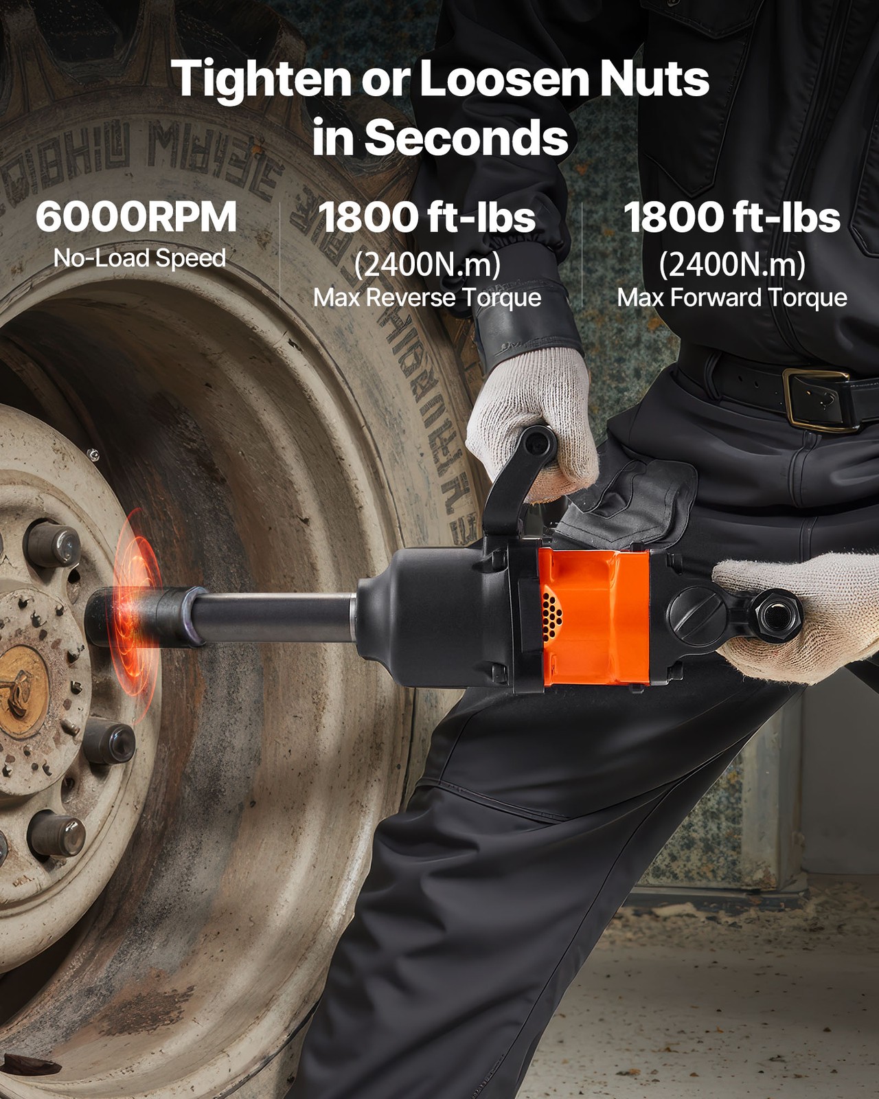 VEVOR 1-Inch Air Impact Wrench Up to 1800 ft-lbs Pneumatic Gun 6000RPM 6-Speed