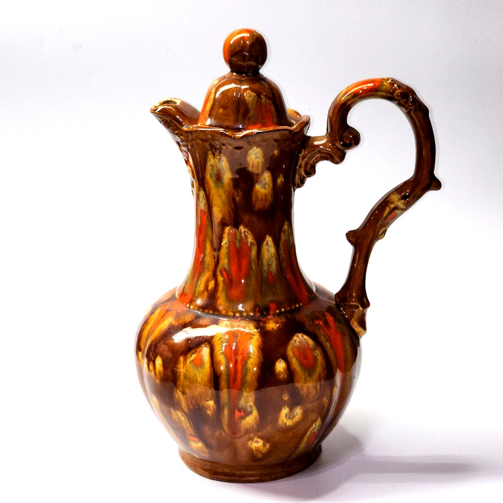 1969 HANDMADE 12.5” Glazed Pottery Pitcher With Lid - SIGNED & DATED On Bottom
