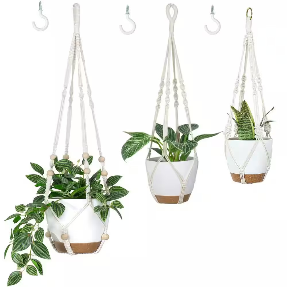 Plastic Indoor/Outdoor Hanging Planter with Macrame 3 Different Size (3-Pack)