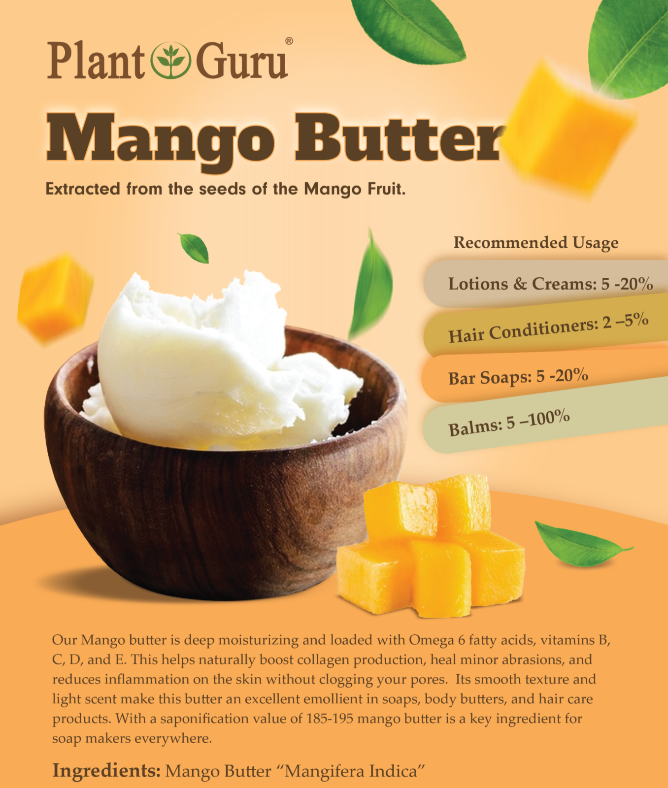 Raw Mango Butter 100% Pure Organic Natural Unrefined For Skin Body Hair Bulk