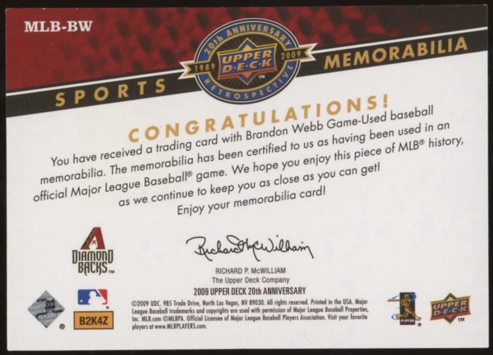 2009 UPPER DECK 20TH ANNIVERSARY MEMORABILIA #MLB-BW BRANDON WEBB DIAMONDBACKS