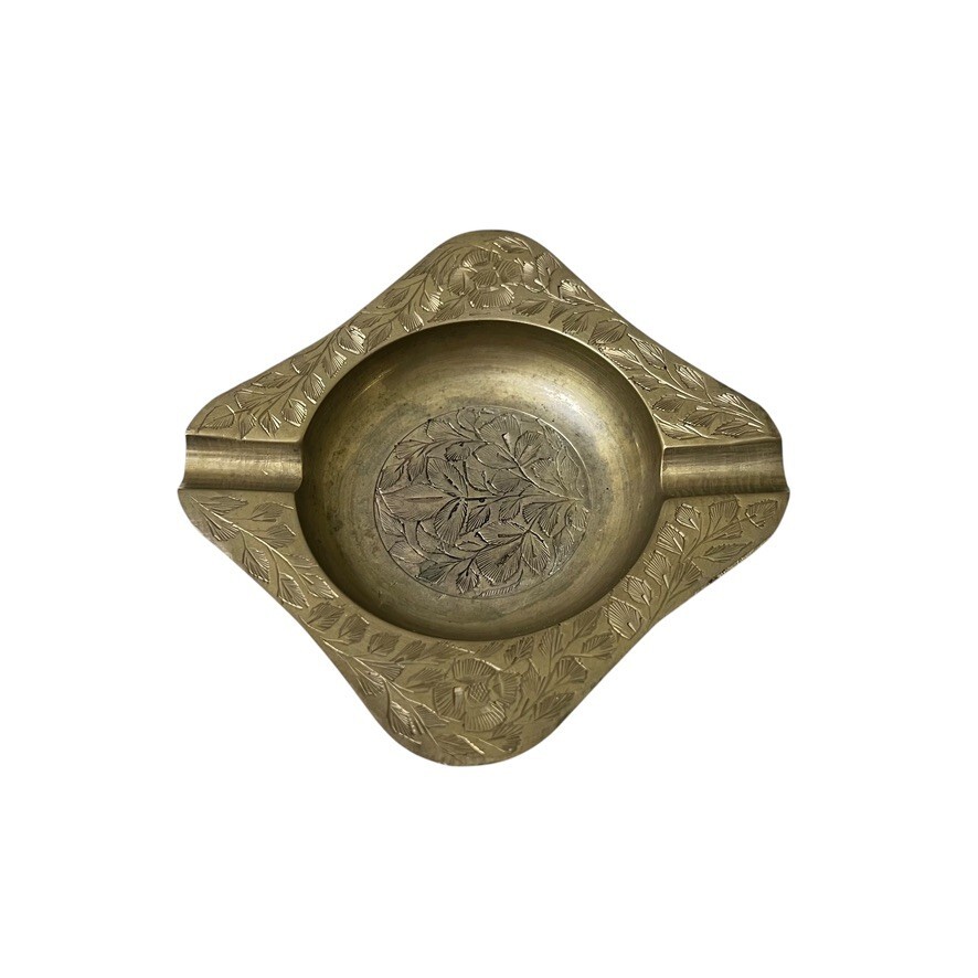 Solid Brass Engraved Leaf Pattern 4" Square Ashtray Coin Tray Made India W1288