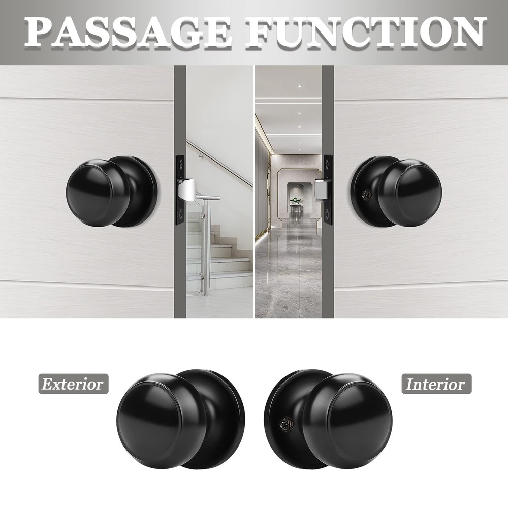 Probrico (3 Pack Round Passage Door Knob(Non-Locking Knobs), 3 Pack, Black