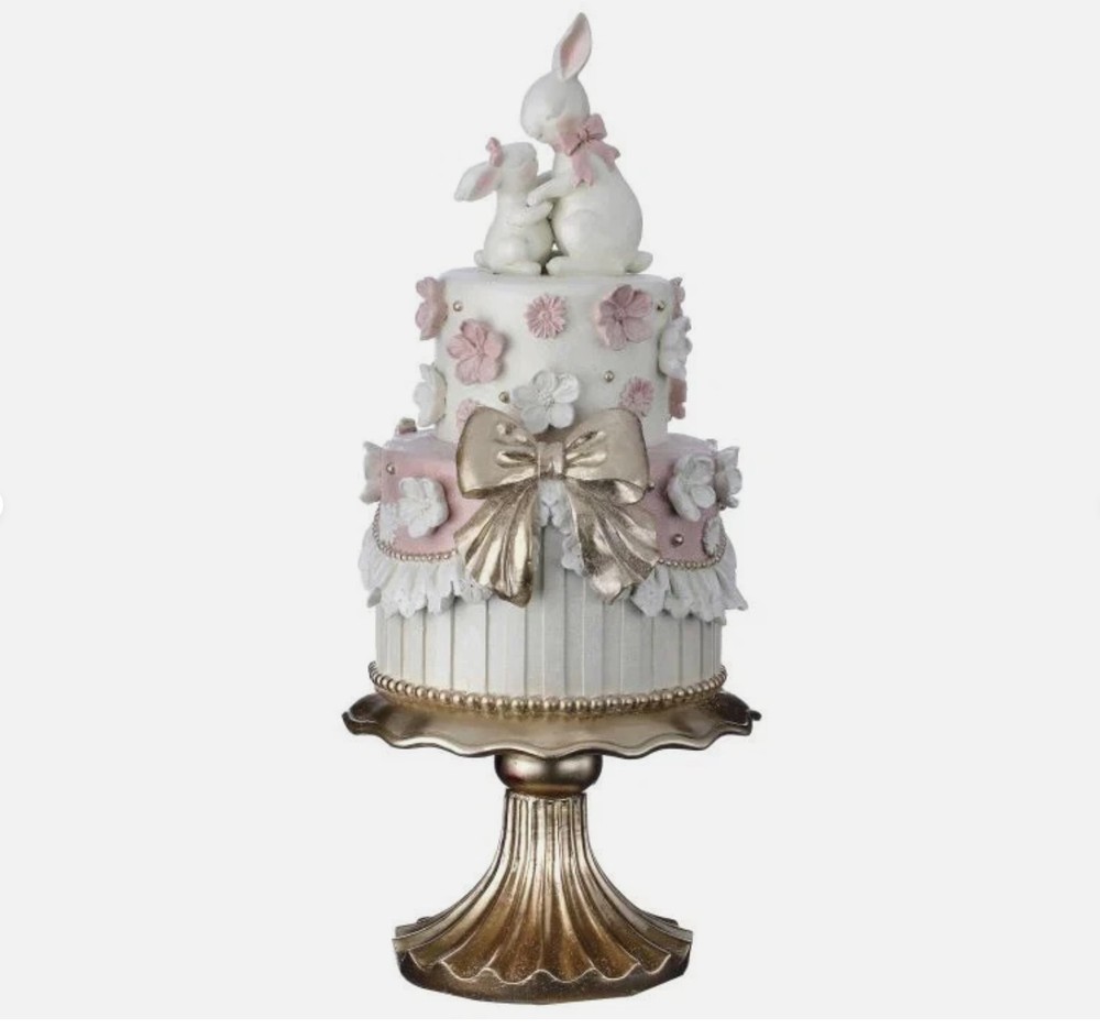 Regency Easter Double Layer Cake Bunny Rabbits Pedestal Spring Decor Pink White