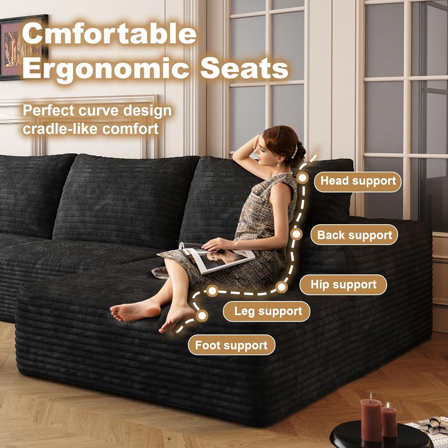 135"Boneless Couch Sectional Cloud Sofa Corduroy Left Facing Chaise with Ottoman