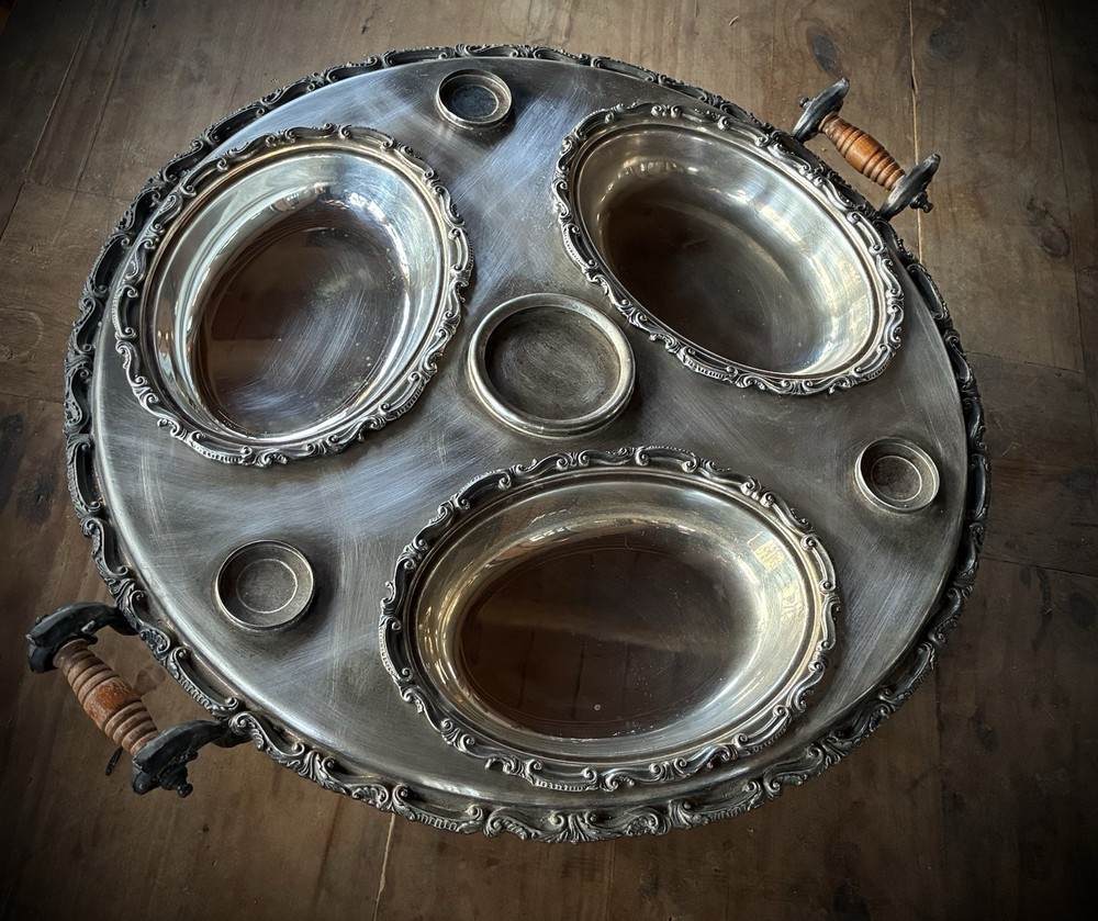 Large Birmingham Silver Plate Lazy Susan Hot Food Server - 23"