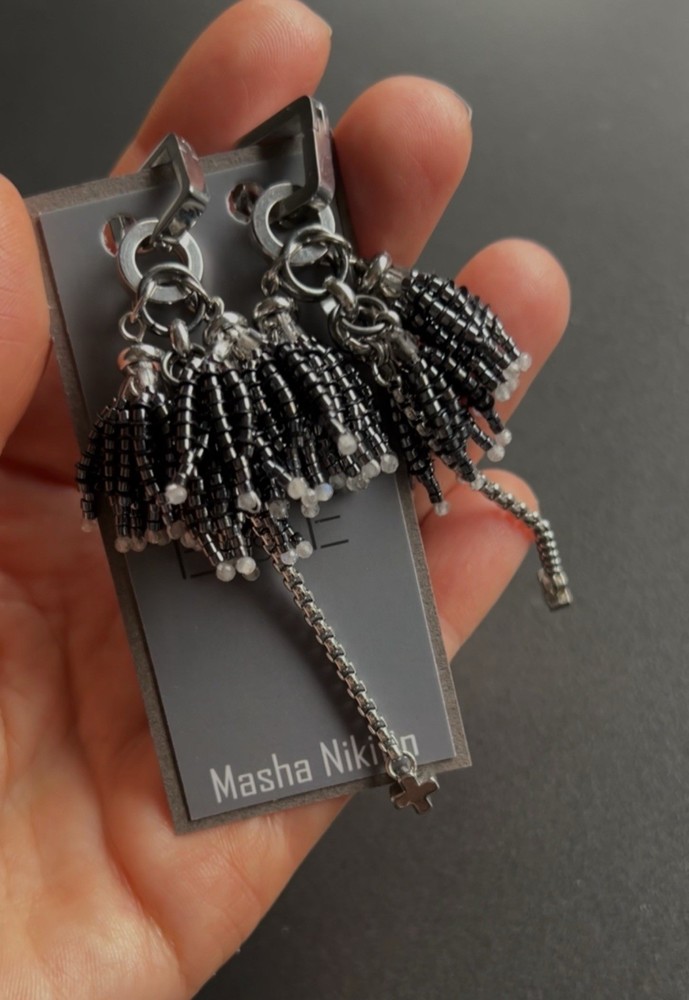 Handcrafted Beaded Dangle Earrings, Black Silver Tone