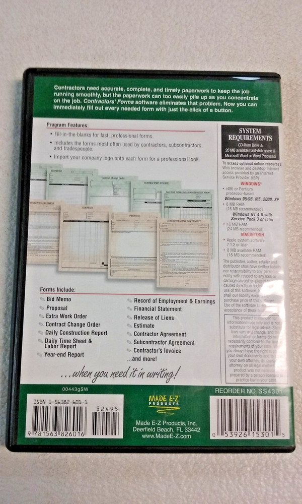 CONTRACTORS FORMS MADE E-Z CD-ROM SOFTWARE WINDOWS V 6.0 with CASE